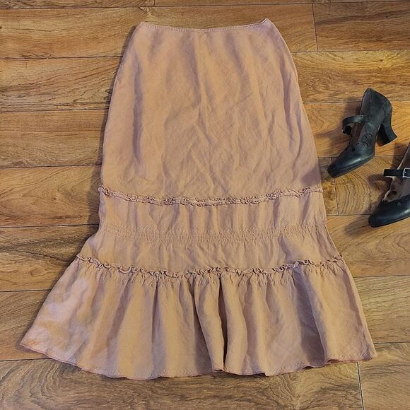 VTG Odille Anthropologie Beige Pull On 100% Linen Midi Skirt Size Medium - Picture 9 of 16
